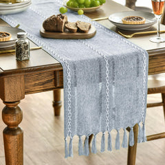 Artoid Mode 13x72 inches Boho Dusty Blue Tassel Table Runner, Farmhouse Style Kitchen Table Decoration