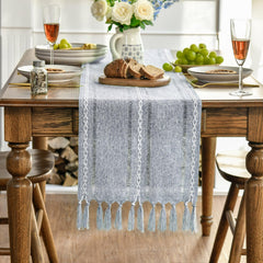 Artoid Mode 13x72 inches Boho Dusty Blue Tassel Table Runner, Farmhouse Style Kitchen Table Decoration
