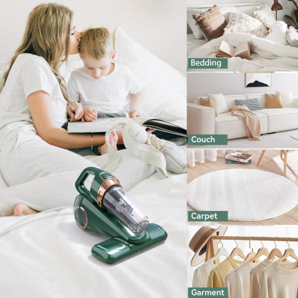 Dibea Handheld Bed Vacuum Cleaner, Mattress Vacuum Cleaner with 15KPa Suction, Washable HEPA Filter for Deep Clean Fur, Hair, Dust on Sofa, Couch, Carpet and Other Fabric, Green
