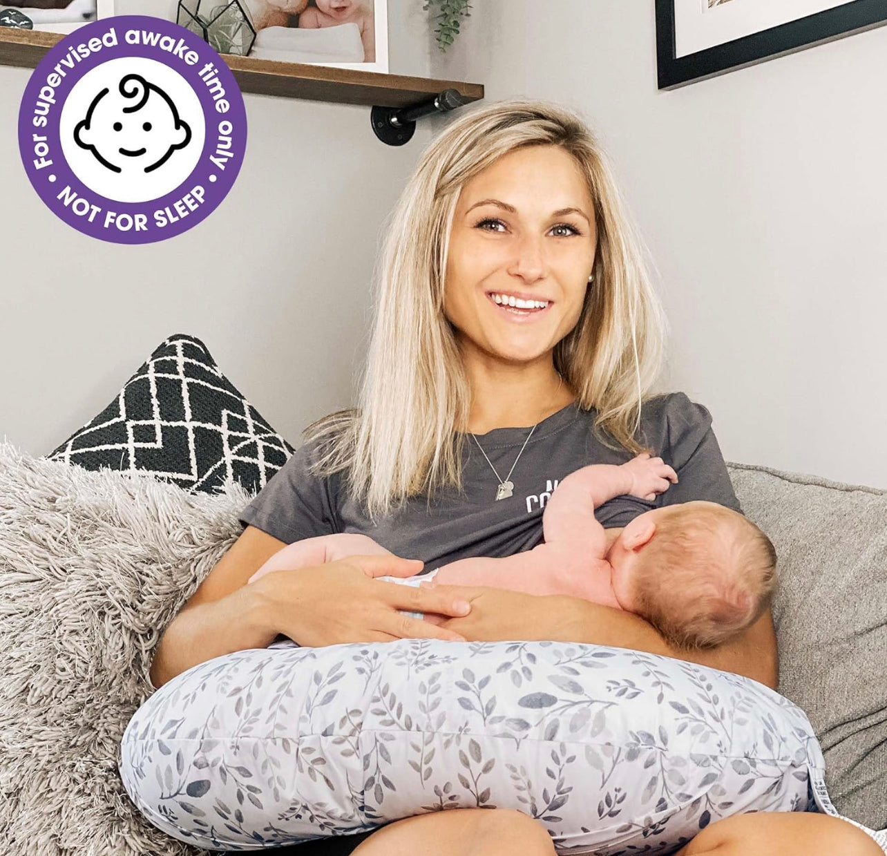 Boppy Nursing Pillow Original Support, Gray Taupe Leaves, Ergonomic Nursing Essentials for Bottle and Breastfeeding, Firm Fiber Fill, with Removable Nursing Pillow Cover, Machine Washable