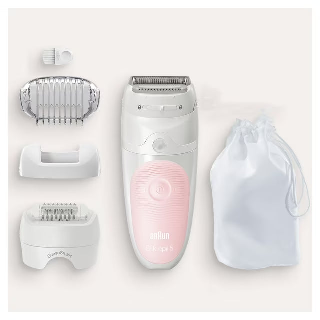 Braun Silk-épil 5 Women's Epilator for Hair Removal/Hair Remover, Attachments for Razor, Trimmer and Massage for Body, Bag, 5-625, White/Grey