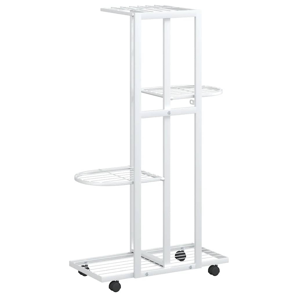 4-Floor Iron Flower Stand with Wheels - Display and Storage Rack in White