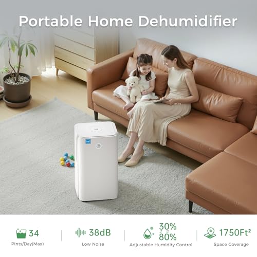 1750 Sq. Ft Ukoke Portable Dehumidifier for Medium Spaces | Efficient 32 Pints/Day Dehumidification, 3 Smart modes, Auto Drainage | Whisper-Quiet, Ideal for Basements, Bedrooms, RV