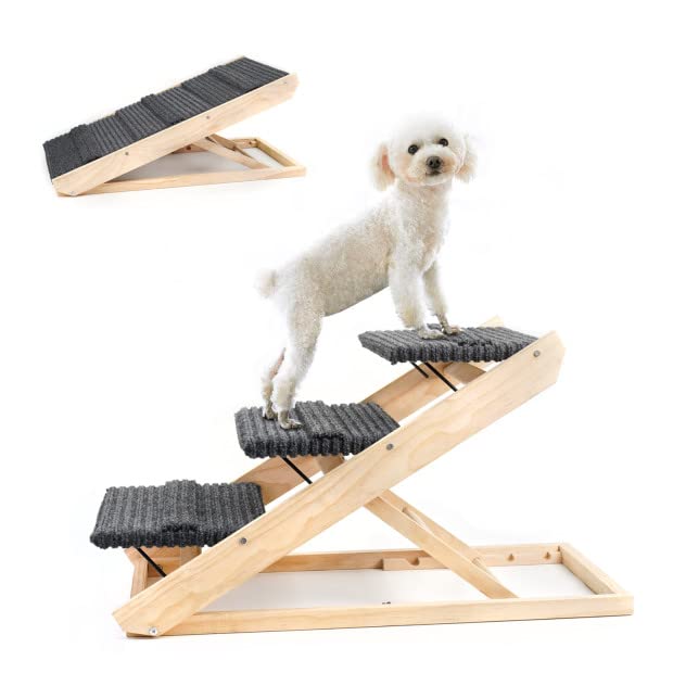 Dog Ramp for Bed or Couch, Adjustable Wooden Pet Ramp for All Small and Older Animals, Folding Portable Pet Ramp for Car with Non-Slip Carpet Surface 3 Levels