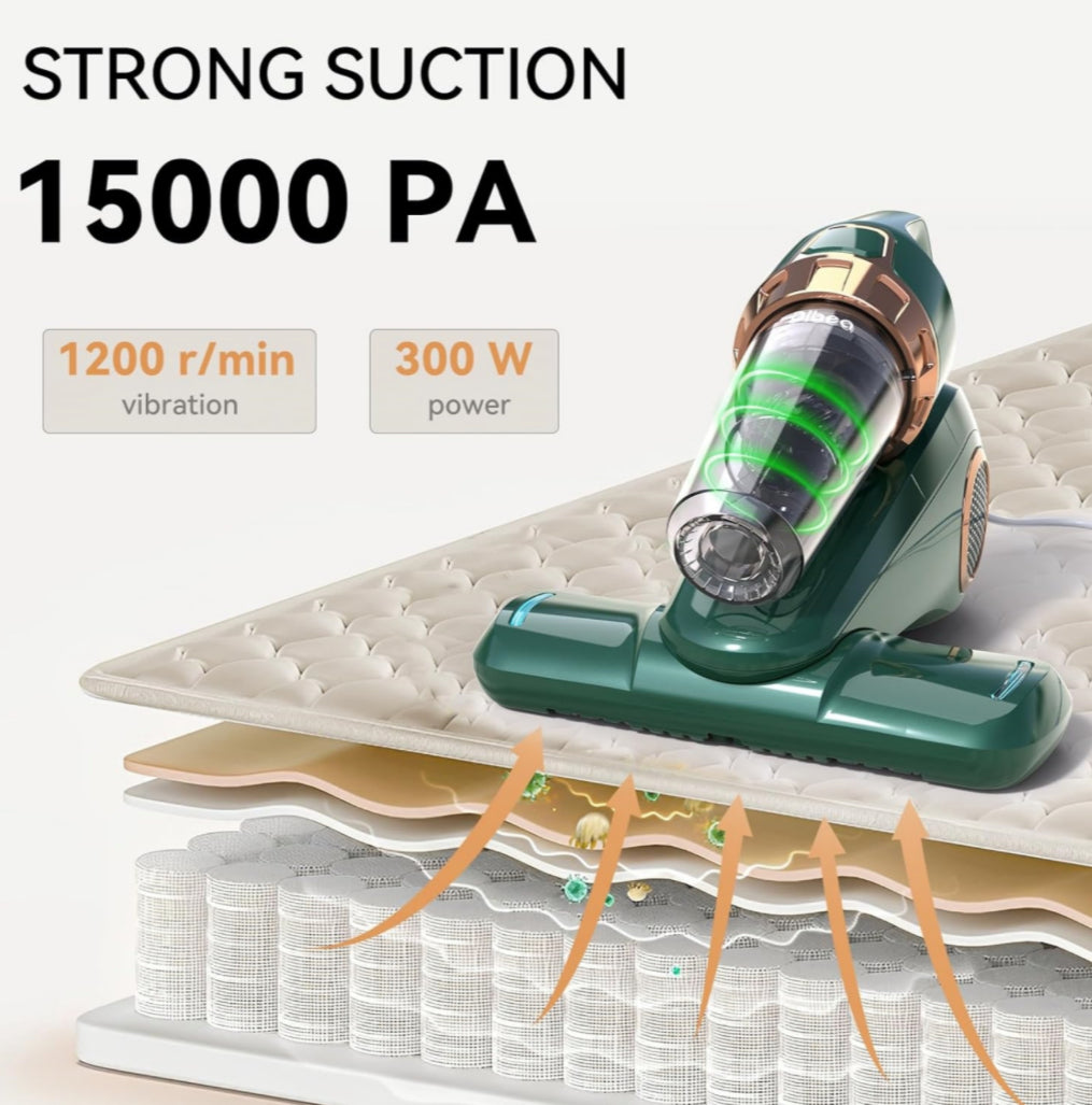 Dibea Handheld Bed Vacuum Cleaner, Mattress Vacuum Cleaner with 15KPa Suction, Washable HEPA Filter for Deep Clean Fur, Hair, Dust on Sofa, Couch, Carpet and Other Fabric, Green