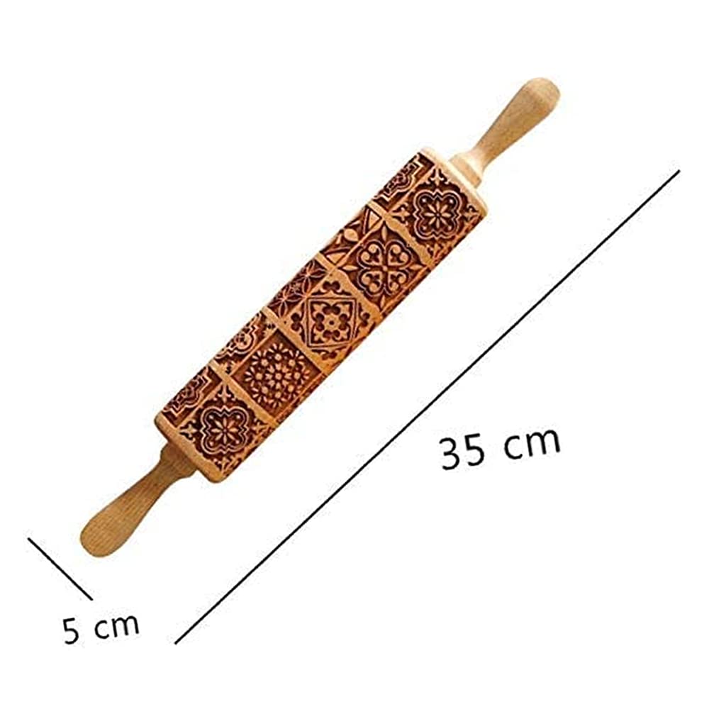 Christmas Wooden Engraved Embossing Rolling Pin 3D Laser Patterned Embossing Rolling Pin for Baking (35*4CM)