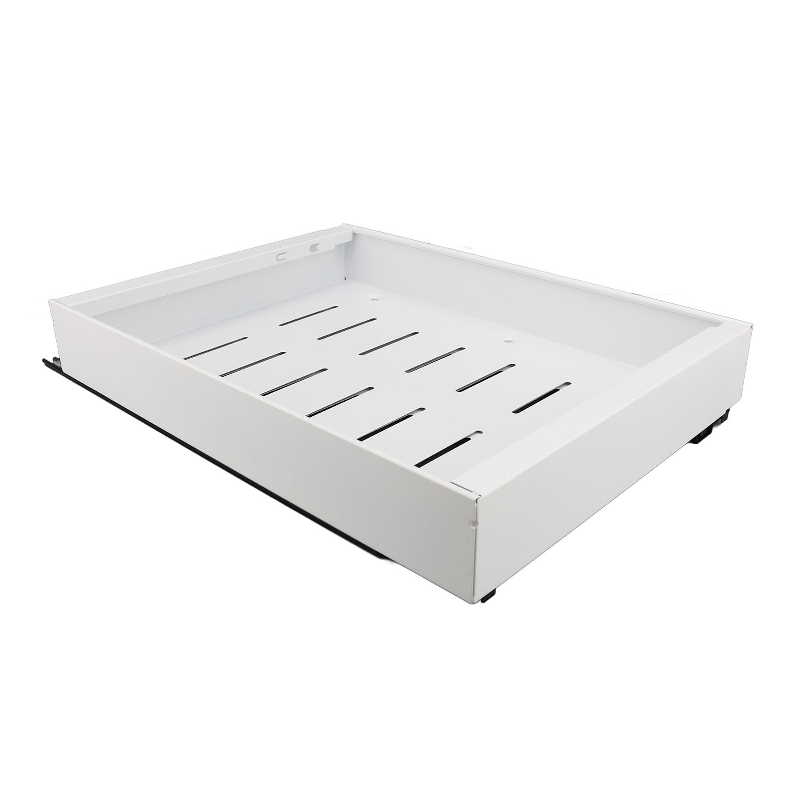Adjustable Width Cabinet Pull Out Shelf, Carbon Steel Slide Out Drawer Organizer with 3 Sideline Rails for Kitchen, Large Capacity, Easy to Install, Strong and Quiet