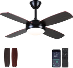 Asyko Black Ceiling Fans with Lights and Remote, 42" Modern Low Profile Ceiling Fan with App and Dimmable, Farmhouse Fan for Indoor/Outdoor Covered Patios