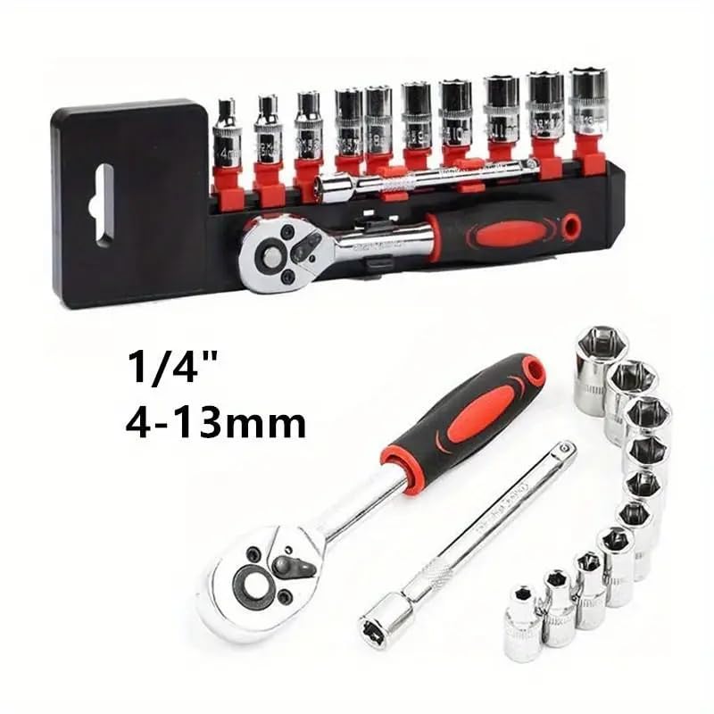 12 Pcs Ratchet Socket Set 1/4 Inch with Quick Release Handle Steel Socket Wrench Set for Boat Motorcycle and Bicycle Automotive Hardware Repair Tools