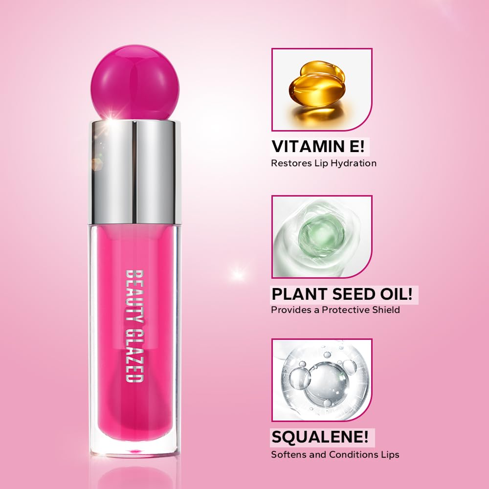 Beauty Glazed Non-Sticky Ultra-Hydrating & Nourishing Lip Oil, Smooth Glossy Finish Lip Glow Oil, Shiny and Tinted Lip Gloss, Big Brush Applicator 106# PLUM