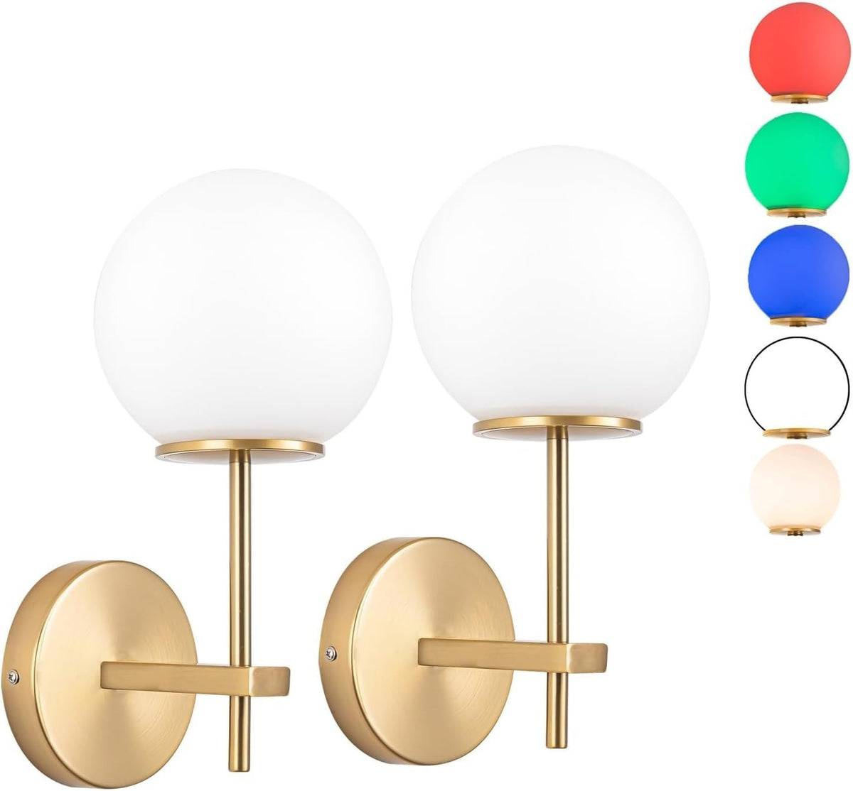 Battery Operated Wall Sconces Set of 2,Not Hard Wired Brass Gold -White Glass Globe Wall Lights, Wireless Lamp Fixture for Bedroom, Living Room, Bathroom, Hallway