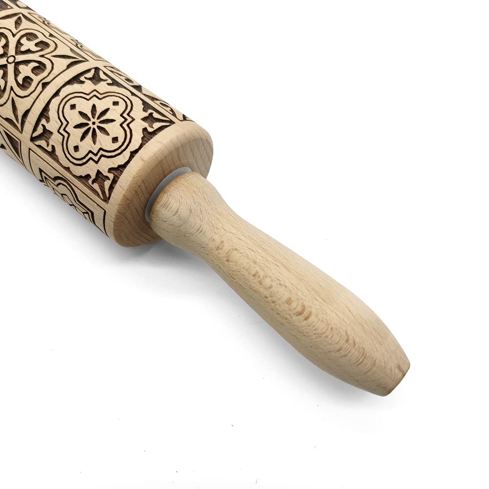 Christmas Wooden Engraved Embossing Rolling Pin 3D Laser Patterned Embossing Rolling Pin for Baking (35*4CM)
