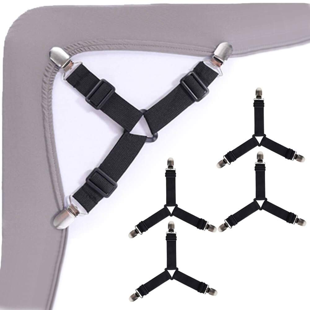 Bed Sheet Fasteners - 4 PCS Adjustable Triangle Elastic Suspenders Gripper Holder Straps Clip for Bed Sheets, Mattress Covers, Sofa Cushion (Black)