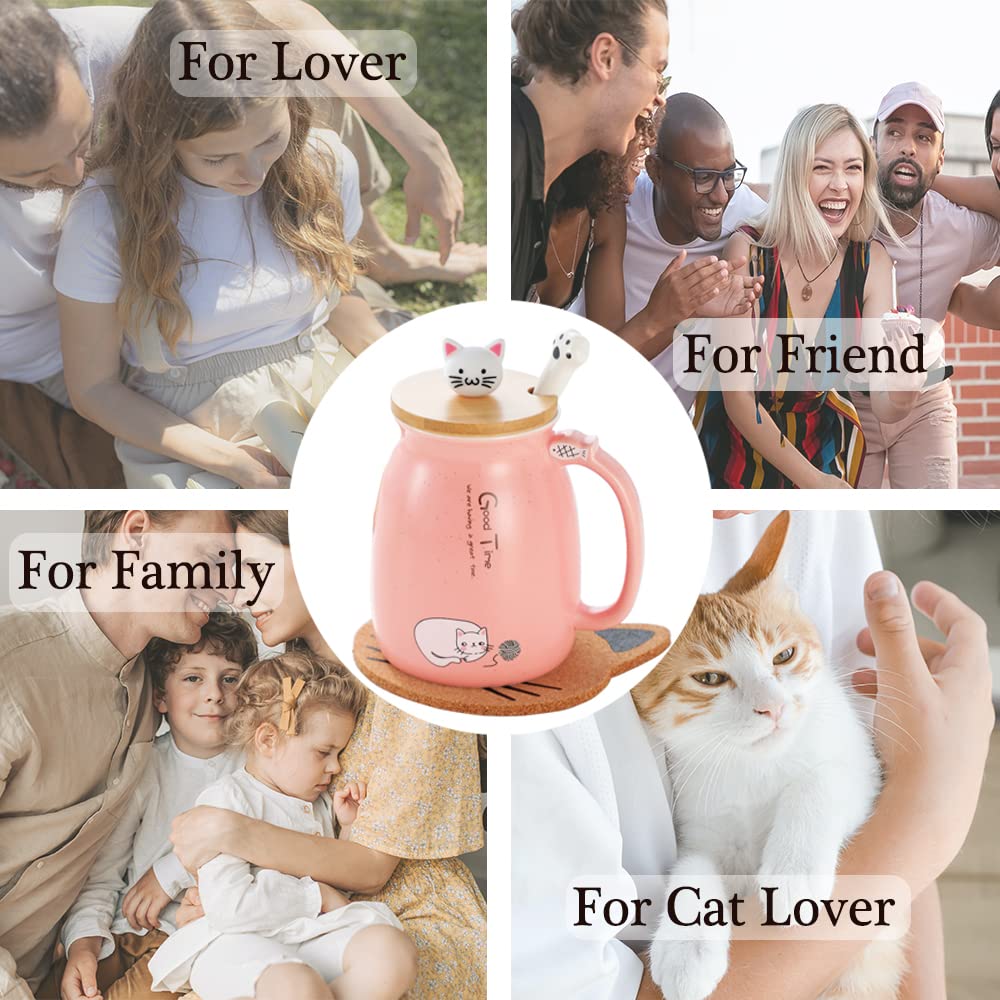 BigNoseDeer Kawaii Cute Cat 13oz Ceramic Coffee Mug Gift Set, Pink
