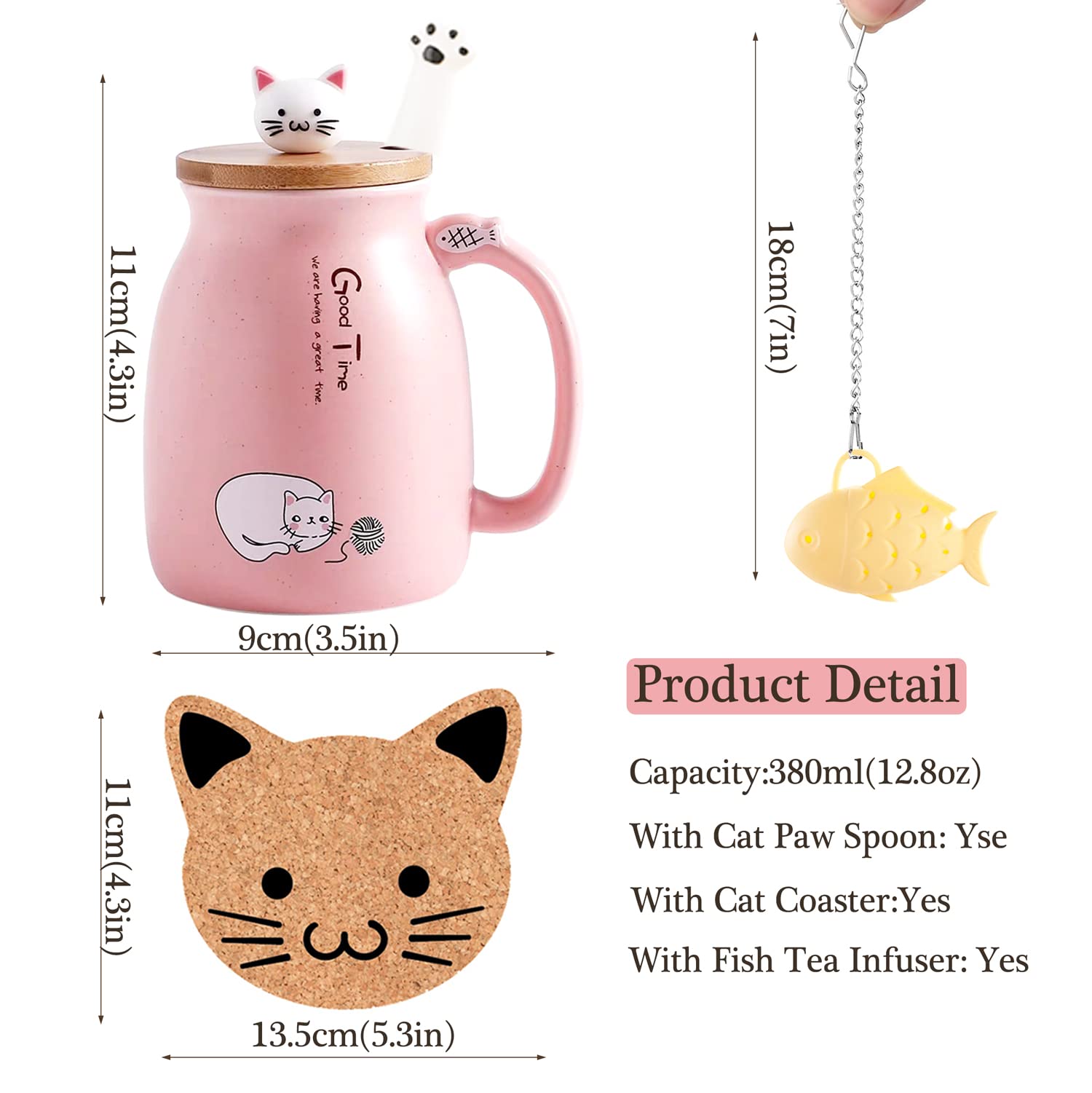 BigNoseDeer Kawaii Cute Cat 13oz Ceramic Coffee Mug Gift Set, Pink