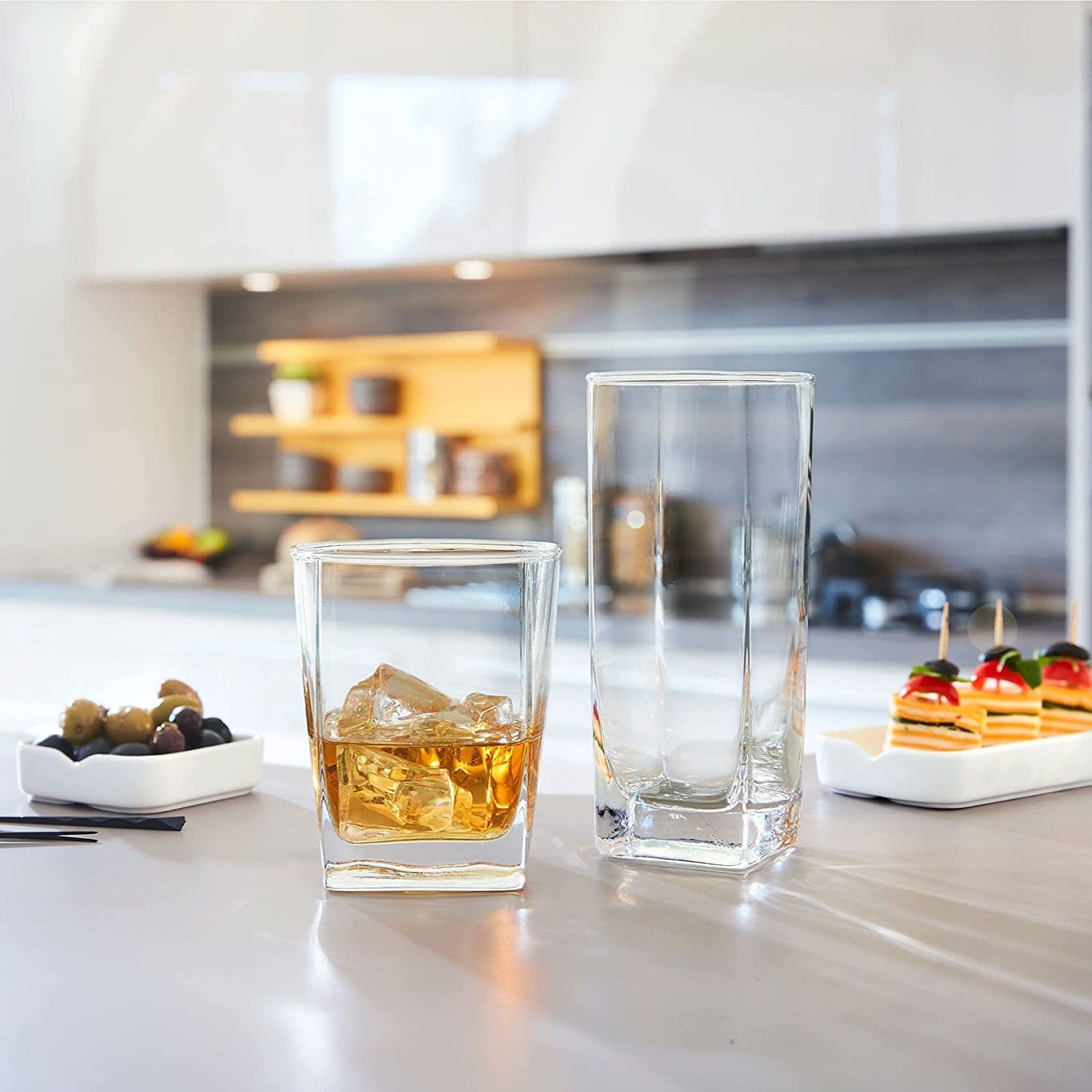 Collins Everyday Set of 16 Drinkware Kitchen Glasses for Cocktail, Iced Coffee, Beer, Ice Tea, Wine, Whiskey, Water, 8 Tall Highball Glass Cups & 8 Short Old Fashioned Drinking Glass