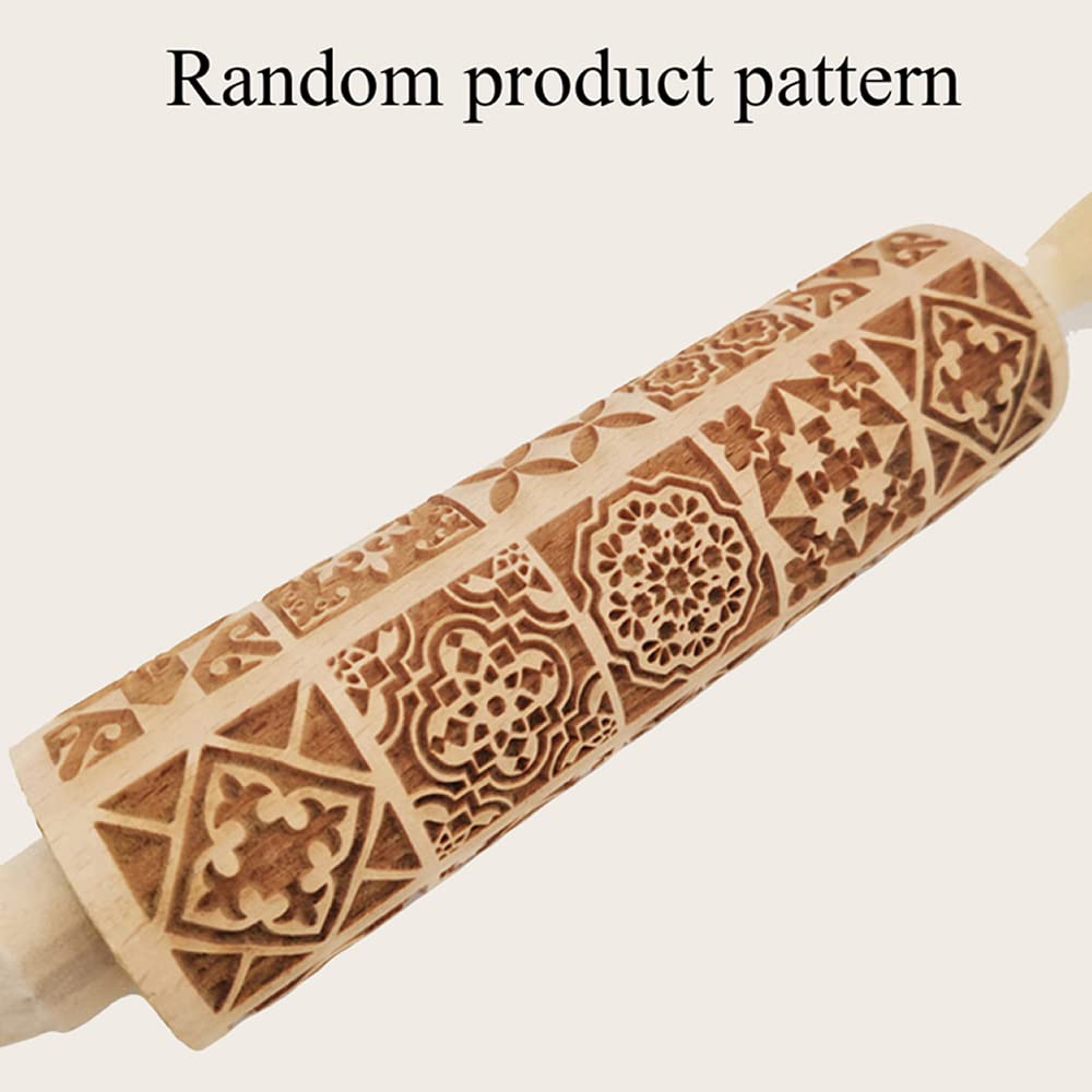 Christmas Wooden Engraved Embossing Rolling Pin 3D Laser Patterned Embossing Rolling Pin for Baking (35*4CM)