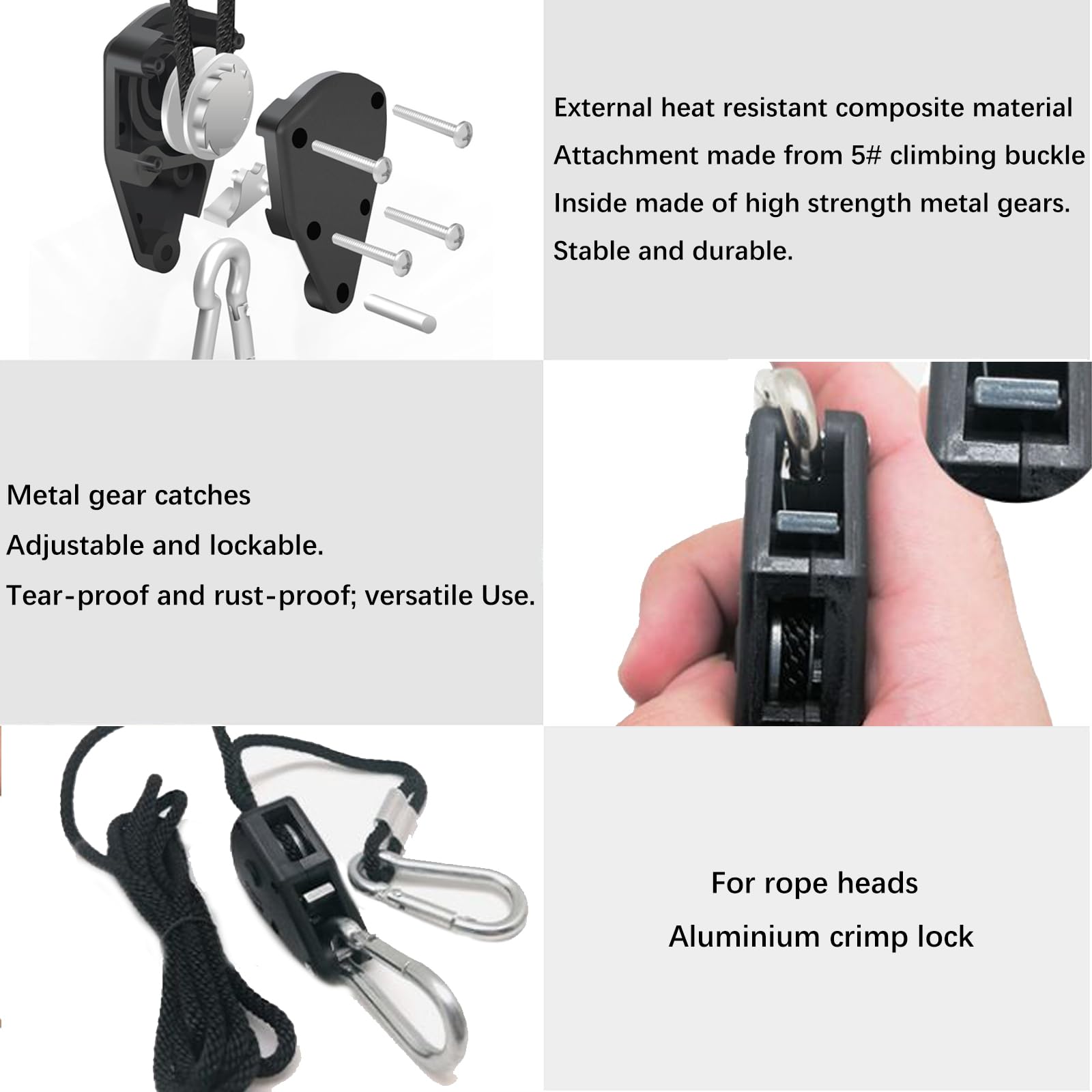 DMZK 4Pcs 1/8 Inch Hanging Rope Ratchet, Adjustable Heavy Duty Ratchet Rope Hanger, Rope Clip Hanger for Grow, Light Fixtures, Gardening,150lb Capacity
