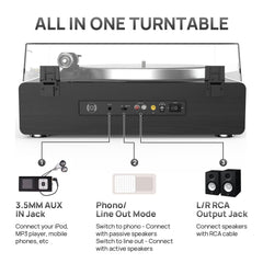 All-in-one Record Player Turntable with Built-in Speakers Vinyl Record Player Support Wireless Playback Auto Stop 33&45 RPM Speed RCA Line Out AUX in Belt-Drive Turntable for Vinyl Records Black