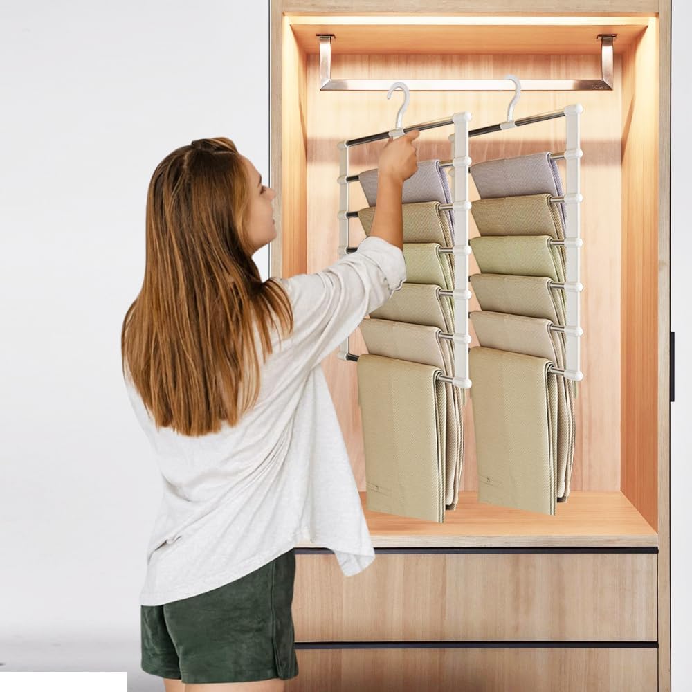 1 Pc Stainless Steel Pants Rack,6 Layers Trouser Hanger  Foldable Ladder Clothes Organizer, Space-Saving Wardrobe Hanger for Pants, Jeans & Trousers Storage