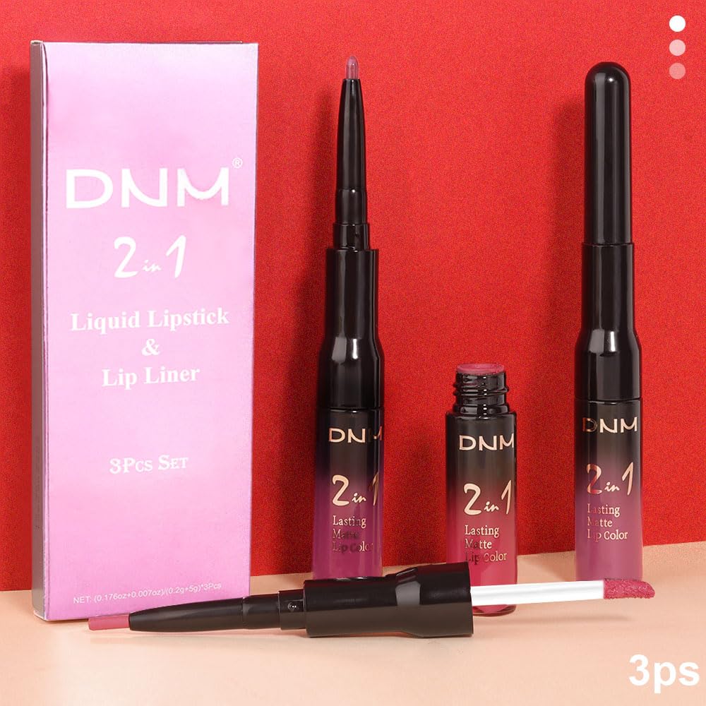 DNM 3PCS Rose red Plum Warm pink Deep cranberry Lip Stain Matte Lip Liner and Lipstick Set Long Lasting Set