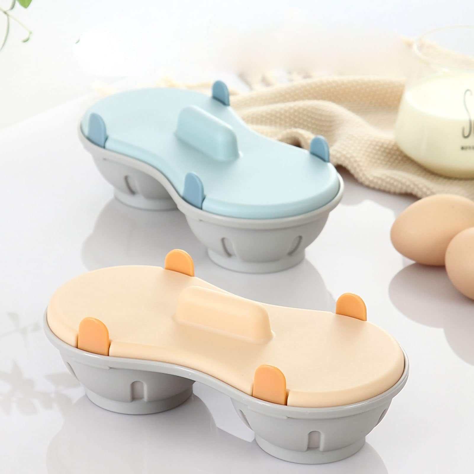 CYRANK 2 Cavity Microwave Egg Poacher Edible Silicone Drain Egg Boiler Set, Blue