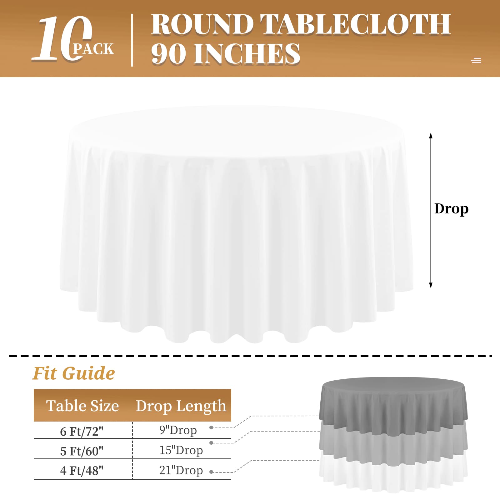 10 Pack Round Tablecloth White Round Tablecloth 90 Inch Round Table Cloth Washable Polyester Fabric Bulk Linen Tablecloths Round Table Cover Table Cloths for Parties Wedding Banquet Buffet Dinning