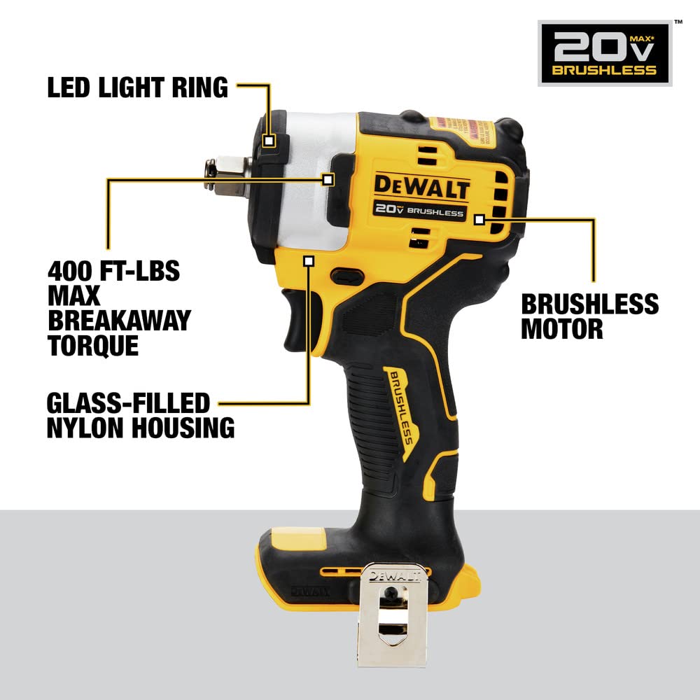 DEWALT DCF911B 20V MAX* 1/2" Impact Wrench with Hog Ring Anvil (Tool Only), Compact