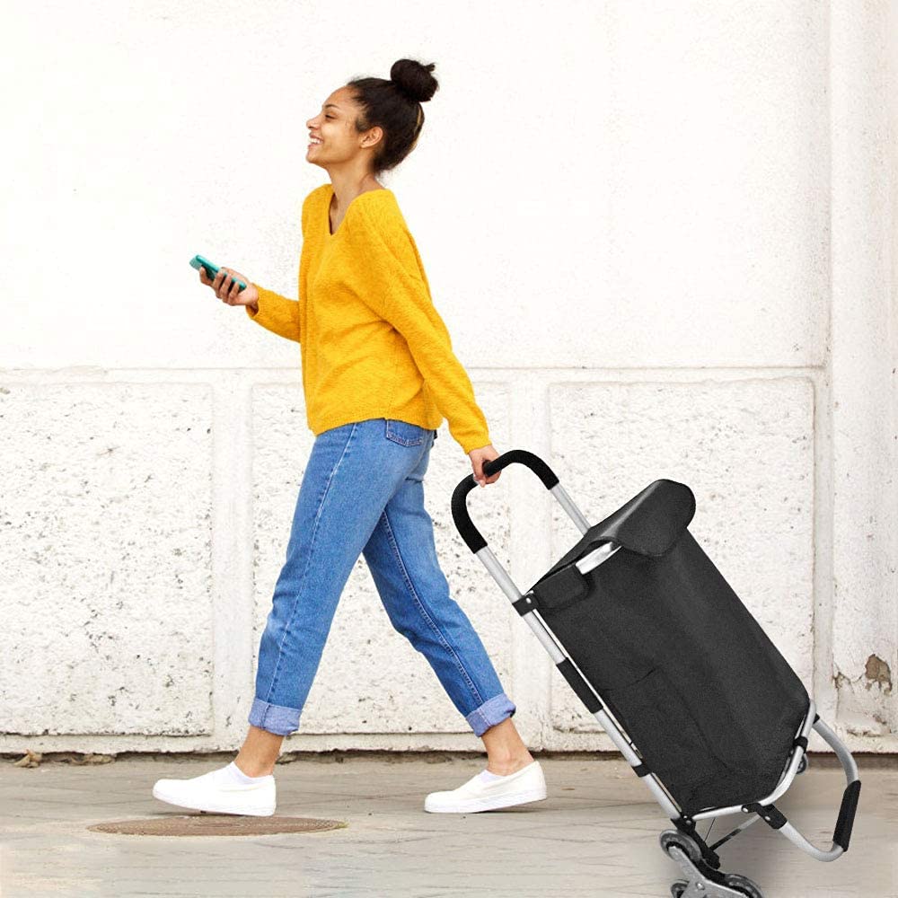 EALING Anti-Slip Bar Folding Shopping Trolley Utility Cart with 3+3-Wheels, Detachable Bags 2 Extra Pockets Adjustable Bungee Cord, Black/Silver