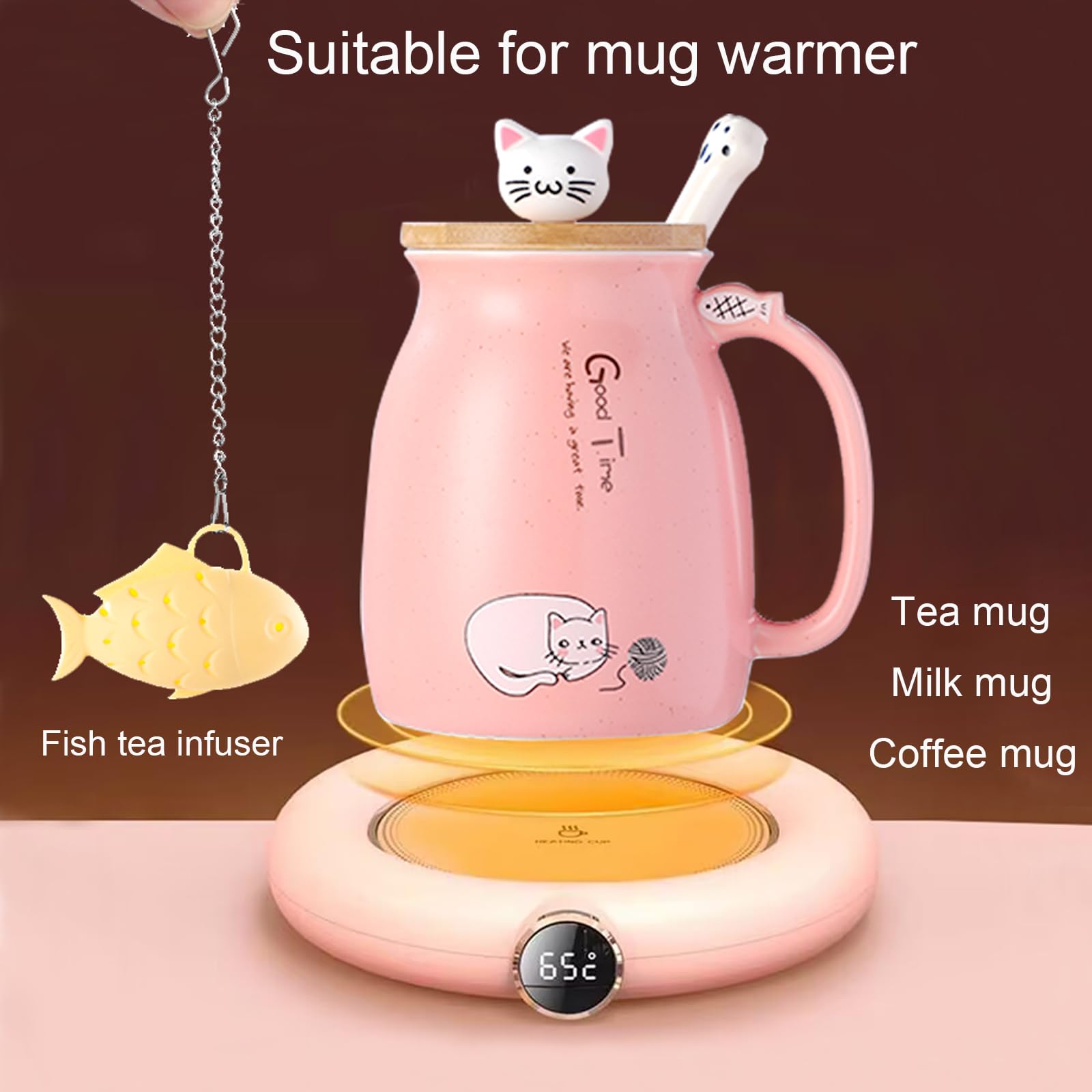 BigNoseDeer Kawaii Cute Cat 13oz Ceramic Coffee Mug Gift Set, Pink