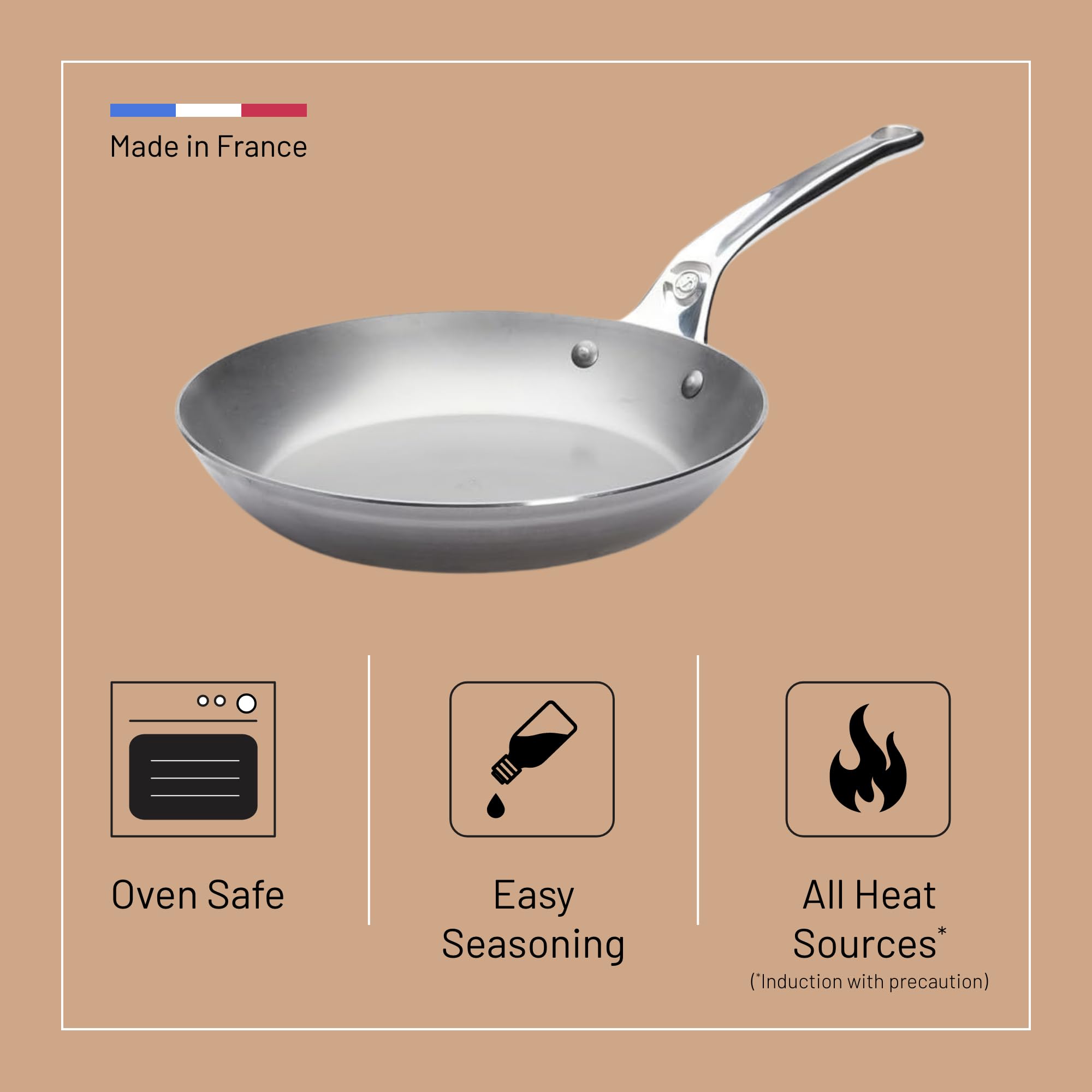 de Buyer MINERAL B Pro Carbon Steel 9.5” Diameter, 6.9” Cooking Surface Fry Pan, Made in France