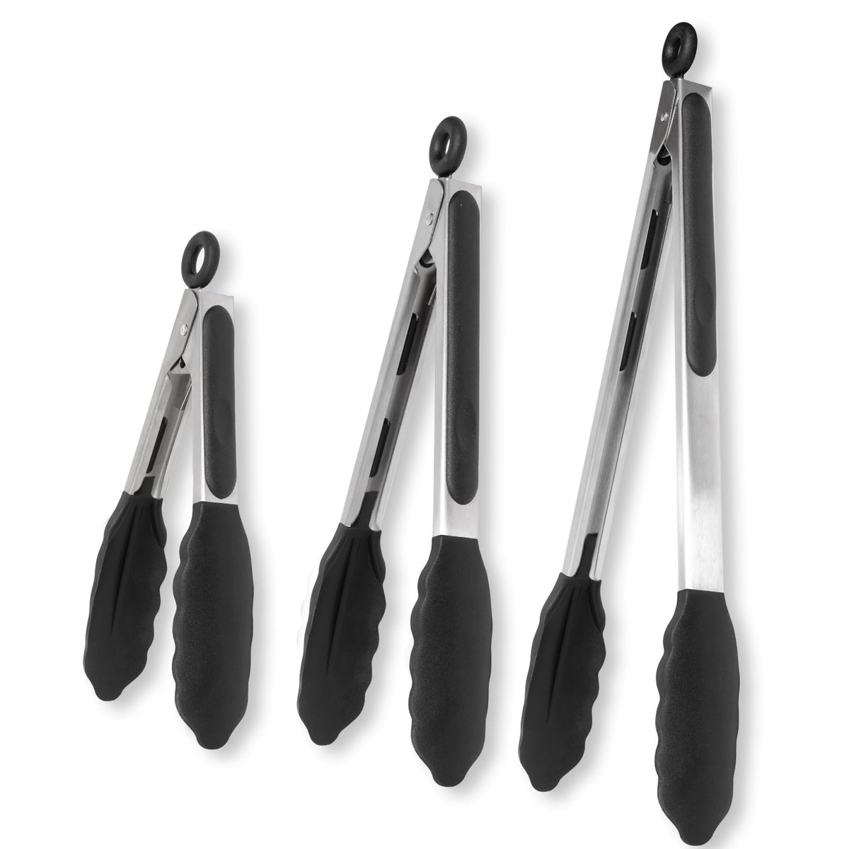 Cukitish 3-PIECE Stainless Steel Kitchen Tongs with Silicone Tips, SIZES, 18, 23, 30cm