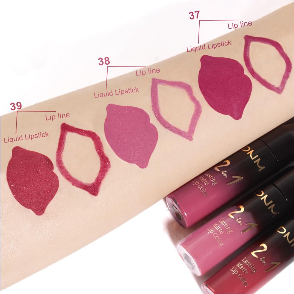 DNM 3PCS Rose red Plum Warm pink Deep cranberry Lip Stain Matte Lip Liner and Lipstick Set Long Lasting Set