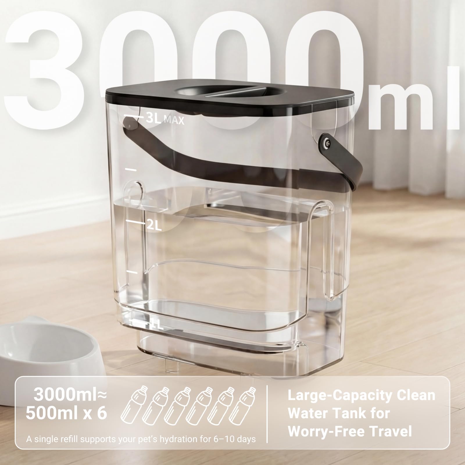 Dwarfuarm 3L Filterless Cat Water Fountain with 4000mAh Battery, BLACK