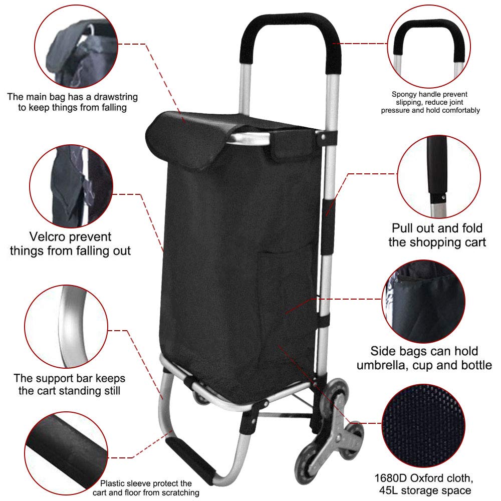 EALING Anti-Slip Bar Folding Shopping Trolley Utility Cart with 3+3-Wheels, Detachable Bags 2 Extra Pockets Adjustable Bungee Cord, Black/Silver