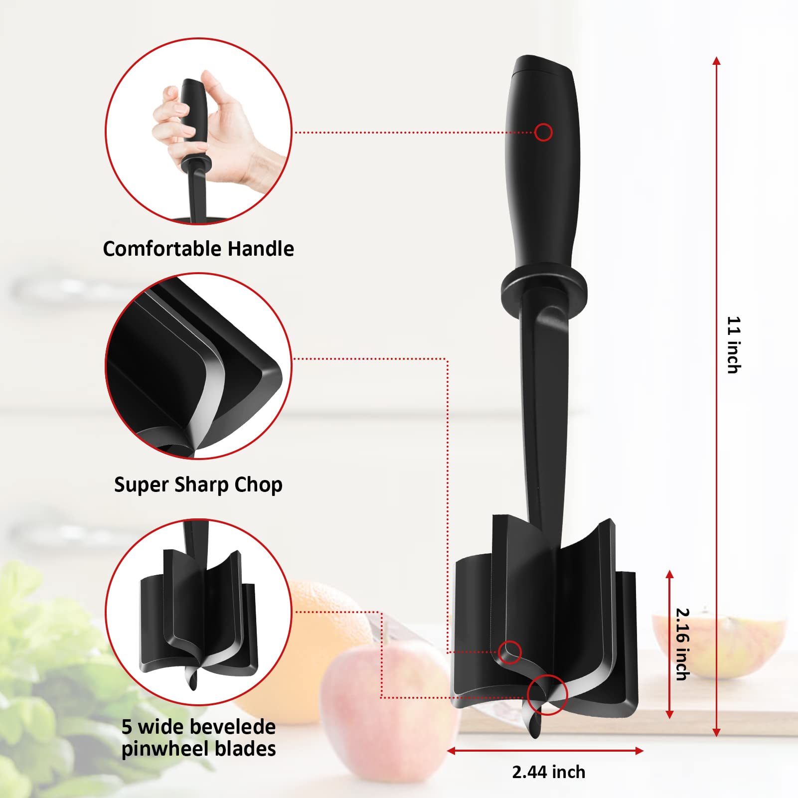 Beprezco Heat Resistant Meat Chopper 5 Curve Blades Ground Beef Meat Masher Tool for Hamburger Meat, Ground Beef, Turkey, BLACK 1PC