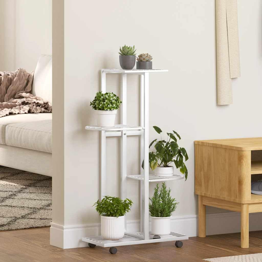 4-Floor Iron Flower Stand with Wheels - Display and Storage Rack in White