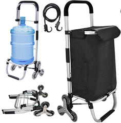 EALING Anti-Slip Bar Folding Shopping Trolley Utility Cart with 3+3-Wheels, Detachable Bags 2 Extra Pockets Adjustable Bungee Cord, Black/Silver
