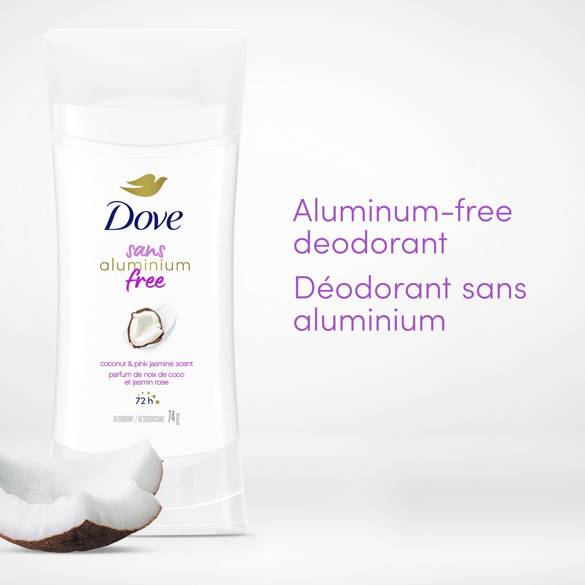 Dove Aluminum Free Déodorant for Soft Underarms, for Soft Underarms, Coconut & Pink Jasmine Scent, 74g