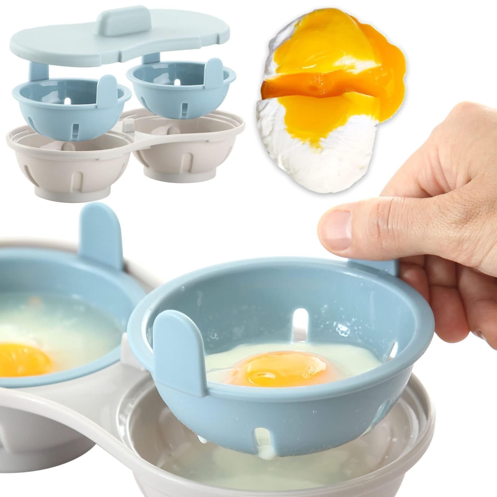 CYRANK 2 Cavity Microwave Egg Poacher Edible Silicone Drain Egg Boiler Set, Blue