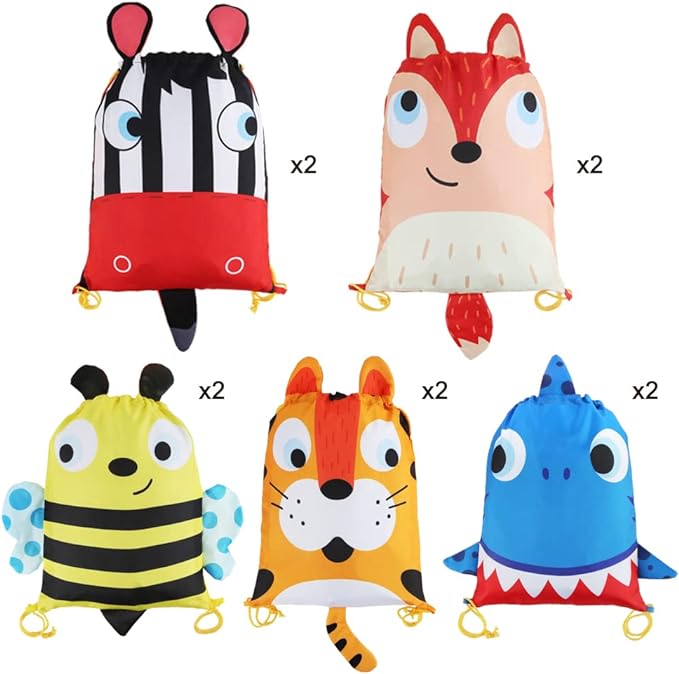 BEEBEERUN 10PCS Kids Drawstring Goody Bag Candy Party Favor Bags with Cartoon Animal Designed SQ007