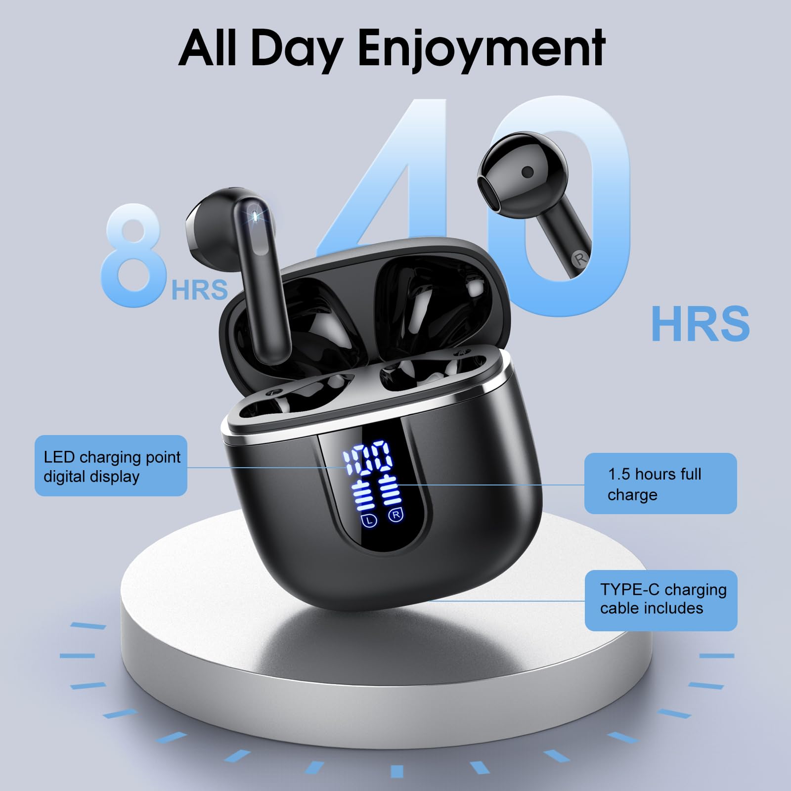 Cillso Wireless Earbuds, Bluetooth Headphones in Ear Buds, 40H HiFi Stereo Bluetooth Earbuds with ENC Noise Cancelling Mics, IP7 Waterproof Earphones