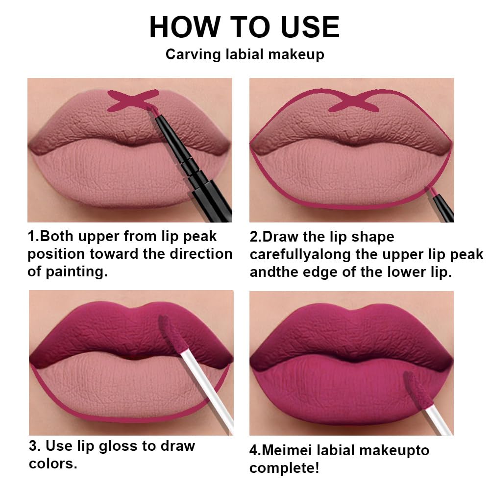 DNM 3PCS Rose red Plum Warm pink Deep cranberry Lip Stain Matte Lip Liner and Lipstick Set Long Lasting Set