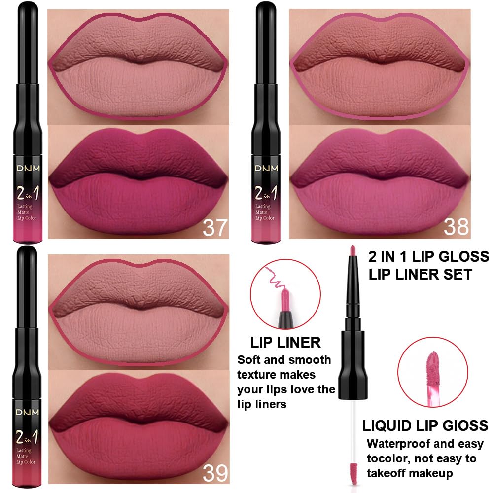 DNM 3PCS Rose red Plum Warm pink Deep cranberry Lip Stain Matte Lip Liner and Lipstick Set Long Lasting Set