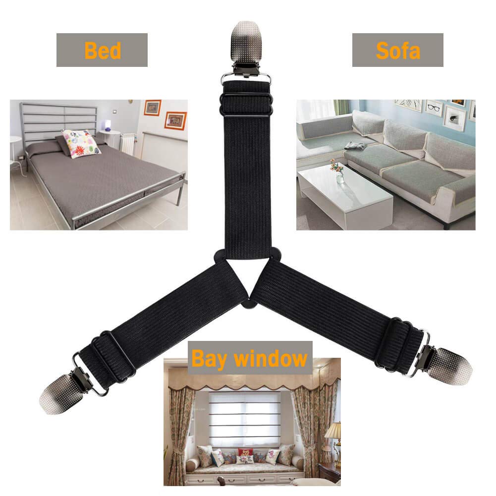 Bed Sheet Fasteners - 4 PCS Adjustable Triangle Elastic Suspenders Gripper Holder Straps Clip for Bed Sheets, Mattress Covers, Sofa Cushion (Black)
