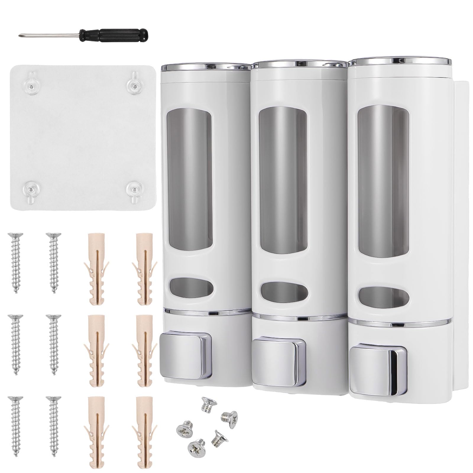3Pcs 400ml Shower Soap Dispenser Wall Mounted Shampoo and Conditioner Dispenser Adhesive Handwashing Fluid 3 Separating Chamber Manual Shower Soap for Bathroom Hotel