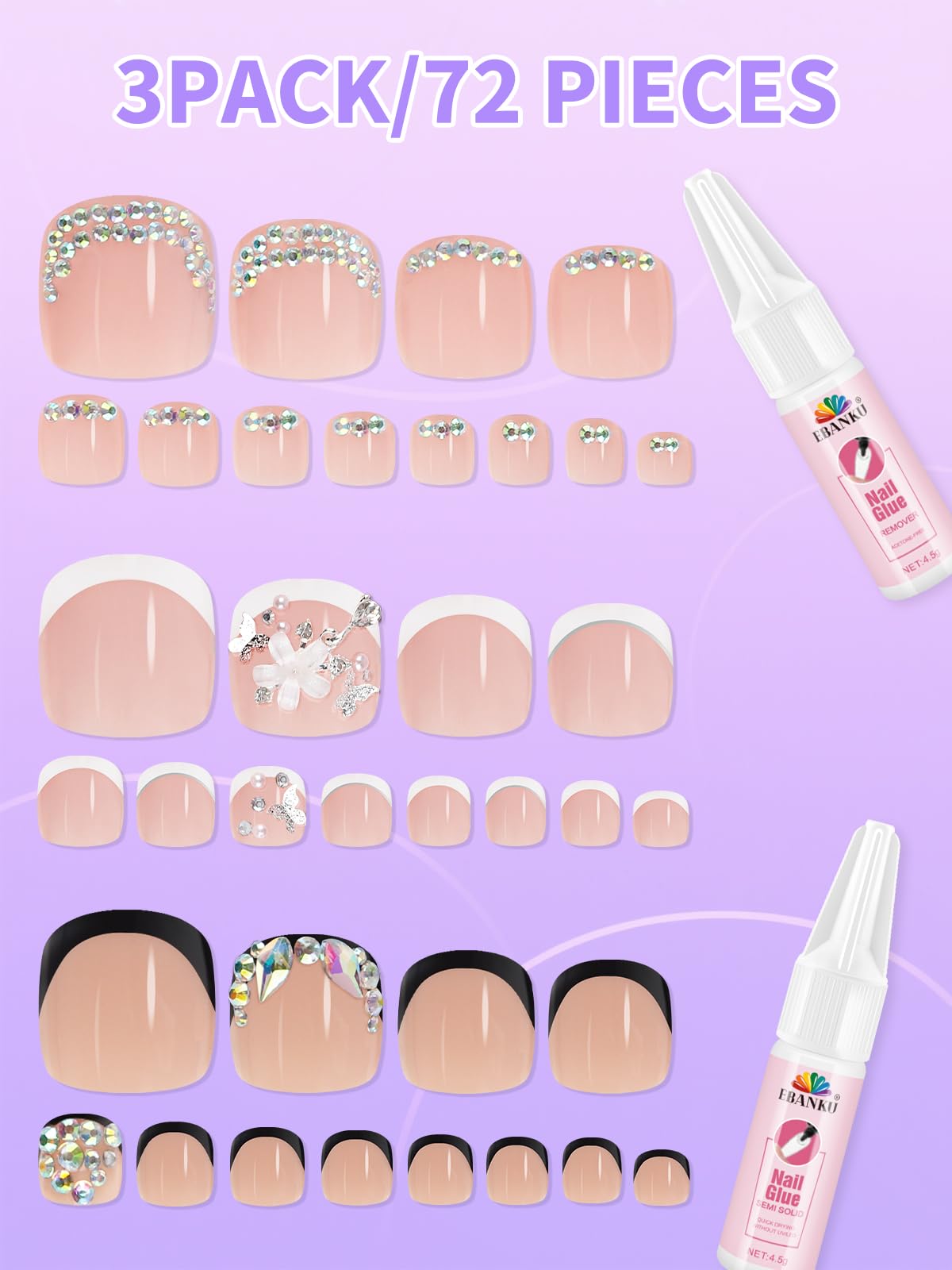 EBANKU 72 Pcs Square French Tips Toe Nail Tips Nude Pink False Fake Nail Tips for DIY Salon Home