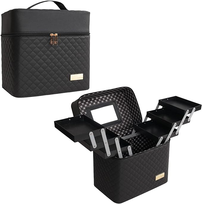 Cosmetic Bag with Mirror for Travel Vanity,Large Makeup Organizer Bag with 6 Compartments 3 Layer Drawers,Toiletry Bag for Women Men (Black)