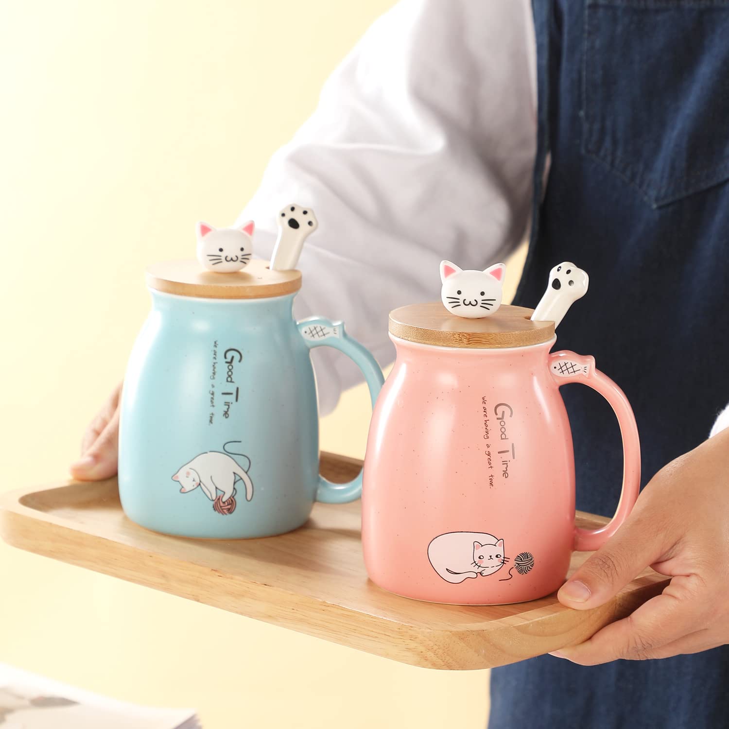 BigNoseDeer Kawaii Cute Cat 13oz Ceramic Coffee Mug Gift Set, Pink