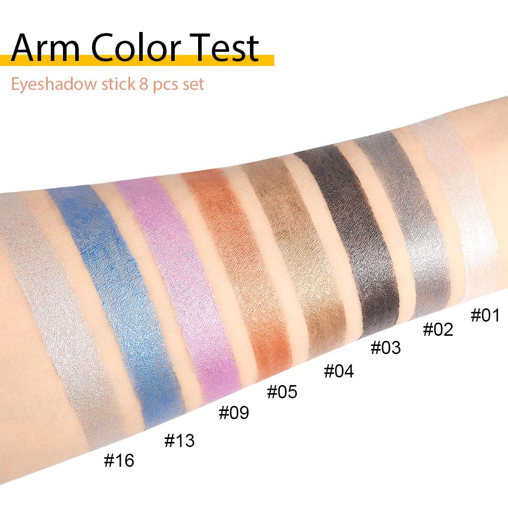 DNM 8Pcs Glitter Eye Shadow Sticks Liner Pencils Makeup, Pearl White Smokey Black Gray Silver Violet Purple Khaki Royal Blue Shimmer Glitter Eyeliner Pencil Cream Eyeshadow Palette Makeup